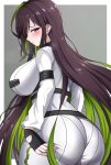  1girl black_gloves blush breasts brown_hair coat fingerless_gloves gloves goddess_of_victory:_nikke green_hair guilty_(nikke) highres large_breasts long_hair long_sleeves looking_at_viewer looking_back midori_(user_nsaz3272) multicolored_hair open_mouth purple_eyes simple_background solo wide_hips 