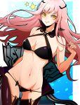  1girl absurdres bikini black_bikini black_thighhighs blush breasts cleavage closed_mouth cnoc_na_riabh_(fate) commentary_request fate/grand_order fate_(series) highres long_hair looking_at_viewer medb_(fate) medium_breasts navel pink_hair signature smile solo star_(symbol) stomach swimsuit thighhighs wagu_neru yellow_eyes 