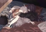  2girls baggy_clothes bed bed_sheet bedroom closed_eyes couple cover dappled_sunlight hair_between_eyes highres honkai_(series) honkai_impact_3rd hug k127m413 kiana_kaslana light_blush long_hair long_sleeves messy_hair multiple_girls on_bed pillow purple_hair raiden_mei stuffed_animal stuffed_toy sunlight white_hair window_shade yuri 