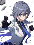 1girl black-framed_eyewear black_gloves blue_eyes blue_necktie closed_mouth dated fighting_stance fu_hua fu_hua_(night_squire) glasses gloves grey_hair hair_between_eyes highres honkai_(series) honkai_impact_3rd long_sleeves looking_at_viewer martial_arts necktie signature simple_background solo touya_(the-moon) upper_body v-shaped_eyebrows white_sleeves 