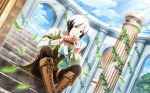  1boy architecture black_hair blue_sky boots brown_footwear fingernails highres holding holding_instrument idolmaster idolmaster_side-m idolmaster_side-m_live_on_stage! instrument kitamura_sora long_sleeves male_focus multicolored_hair official_art orange_eyes plant sitting sky stairs vines white_hair 