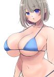  1girl :o absurdres arm_at_side arm_behind_back belly bikini blue_bikini blue_eyes breasts cleavage curvy expressionless hair_between_eyes highres huge_breasts light_blush light_brown_hair navel open_mouth original sgwmanga short_hair simple_background skindentation solo strap_gap string_bikini swimsuit upper_body white_background 