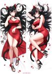  1girl animal_ears arm_up bare_arms bare_legs bare_shoulders bed_sheet black_hair bracelet breasts cat_ears cat_tail choker cleavage cocktail_dress covered_navel dakimakura_(medium) dress finger_to_mouth grin hair_spread_out halterneck hand_on_own_stomach heart high_heels highres jewelry kiyochii lanfear large_breasts long_hair looking_at_viewer lying multiple_views nail_polish on_bed parted_lips red_choker red_dress red_eyes red_nails side_slit sleeveless sleeveless_dress smile spaghetti_strap tail thighs very_long_hair vrchat 