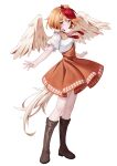  1girl absurdres ailu_elf animal animal_on_head bird bird_on_head bird_tail bird_wings blonde_hair blush boots brown_footwear chick closed_mouth dress feathered_wings full_body highres knee_boots multicolored_hair niwatari_kutaka on_head orange_dress red_eyes red_hair short_hair short_sleeves simple_background solo tail touhou two-tone_hair white_background wings yellow_wings 