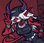  demon desdemona_(fortnite) epic_games female fortnite gesture hair hair_over_eyes hand_on_hip helltaker horn humanoid humanoid_pointy_ears red_body tattoo tiredandtoasty v_sign 