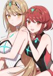 2girls black_one-piece_swimsuit blonde_hair blush breasts chest_jewel competition_swimsuit earrings gem headpiece highres jewelry large_breasts long_hair looking_at_viewer multiple_girls mythra_(radiant_beach)_(xenoblade) mythra_(xenoblade) one-piece_swimsuit peach11_01 pyra_(pro_swimmer)_(xenoblade) pyra_(xenoblade) red_eyes red_hair red_one-piece_swimsuit short_hair swept_bangs swimsuit tiara two-tone_swimsuit xenoblade_chronicles_(series) xenoblade_chronicles_2 
