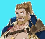  1boy aqua_background bara beard bergamond_(crave_saga) chest_belt chest_hair coat coat_on_shoulders crave_saga eyebrow_cut facial_hair highres large_pectorals long_hair looking_ahead male_focus mature_male medal muscular muscular_male pectoral_cleavage pectorals smile solo sparse_chest_hair thick_eyebrows thick_mustache upper_body usuki_(usukine1go) 
