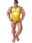  1boy atsushi_kenzaki bara black_hair bottomless facial_hair flaccid gachimuchi_de_dosukebe_na_kateikyoushi_no_oniisan_to_sugosu_natsu hands_on_own_hips highres large_pectorals male_focus muscular muscular_male official_art open_mouth pectorals penis short_hair simple_background solo sunglasses tank_top testicles thick_thighs thighs wasp_(anthyutena) white_background yellow_tank_top 