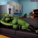  2023 3d_(artwork) anthro appliance big_butt bubble_butt butt digital_media_(artwork) dragon epic_games ewr_115 flower fortnite fridge glowing glowing_eyes green_body green_scales hi_res hybrid_(fortnite) inside kitchen_appliance looking_at_viewer looking_back looking_back_at_viewer lying male on_side pinup plant pose scales scalie solo wingless_dragon 