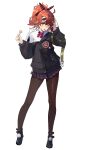  1246584779 1girl absurdres ahoge black_footwear black_jacket black_pantyhose black_skirt bow bowtie candy collared_shirt contrapposto food full_body fur-trimmed_jacket fur_trim girls&#039;_frontline hand_on_own_head highres holding holding_candy holding_food holding_lollipop jacket lollipop long_sleeves looking_at_viewer mp7_(girls&#039;_frontline) off_shoulder open_mouth pantyhose pleated_skirt red_bow red_bowtie red_hair shirt shoes short_ponytail skirt solo standing white_background white_shirt yellow_eyes 