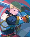  1boy armor blonde_hair blue_eyes gloves highres holding holding_weapon jaune_arc male_focus ridd-li rwby short_hair weapon 