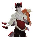  1boy 1girl animal_ears arm_tattoo artist_name body_fur braid brown_hair carrying claws closed_mouth collared_shirt cowboy_shot fish7163 flying_sweatdrops fox_ears fox_girl furry furry_female furry_male grey_fur highres light_blush long_hair long_sleeves looking_at_viewer low_ponytail mary_janes orange_eyes orange_hair original pantyhose plunging_neckline princess_carry red_eyes red_footwear scar scar_on_chest shirt shoes short_hair short_ponytail simple_background solo standing tail tattoo toned toned_male white_background white_pantyhose white_shirt wolf_boy wolf_ears 