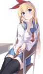  1girl black_thighhighs blonde_hair blue_eyes blue_sailor_collar blue_skirt blush bonyari_high_school_uniform chair closed_mouth collarbone commentary desk feet_out_of_frame hair_between_eyes hair_ribbon hand_on_own_cheek hand_on_own_face hand_up head_rest highres kirisaki_chitoge leaning_on_object light_smile long_hair looking_at_viewer necktie nisekoi on_chair orange_necktie red_ribbon ribbon sailor_collar school_chair school_desk school_uniform shirt sidelocks simple_background sitting skirt sleeves_past_elbows solo thighhighs white_background white_shirt yanagi_marie zettai_ryouiki 