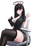  1girl black_hair black_shirt black_skirt black_thighhighs blue_archive blunt_bangs blush breasts bright_pupils chair cleavage collarbone collared_shirt crossed_legs doham feet_out_of_frame hair_behind_ear hair_ornament halo high-waist_skirt highres holding holding_stylus large_breasts long_hair looking_at_viewer office_chair office_lady parted_lips partially_unbuttoned pencil_skirt red_eyes rio_(blue_archive) shirt short_sleeves simple_background sitting skindentation skirt solo stylus swivel_chair tablet_pc thick_thighs thighhighs thighs tsurime very_long_hair white_background zettai_ryouiki 
