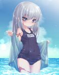  1girl artist_name blue_one-piece_swimsuit blue_sky breasts burn_scar cameltoe closed_mouth covered_navel dorei_to_no_seikatsu_~teaching_feeling~ grey_hair highres long_hair looking_at_viewer name_tag ocean old_school_swimsuit one-piece_swimsuit petite purple_eyes racal_ra scar school_swimsuit sky small_breasts solo swimsuit sylvie_(dorei_to_no_seikatsu) twitter_username wading wet wet_clothes wet_swimsuit 