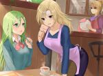  3girls :d apron bending blonde_hair blue_eyes breasts calill_(fire_emblem) cleaning coffee coffee_cup commentary_request contemporary cup disposable_cup fire_emblem fire_emblem:_radiant_dawn green_eyes green_hair haru_(nakajou-28) heather_(fire_emblem) multiple_girls nephenee_(fire_emblem) smile 