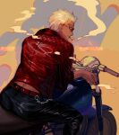  1boy absurdres archer_(fate) baragi belt black_pants cigarette closed_mouth copyright_name emiya_shirou fate/grand_order fate_(series) grey_eyes highres jacket looking_back male_focus mature_male midriff_peek motor_vehicle motorcycle pants red_belt red_jacket riding short_hair smoke smoking solo sunglasses tinted_eyewear white_hair 