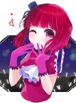  1girl absurdres arima_kana black_headwear blush bob_cut gloves hat hat_ribbon heart highres idol idol_clothes inverted_bob light looking_at_viewer one_eye_closed oshi_no_ko pink_gloves red_eyes red_hair red_shirt ribbon shirt short_hair smile solo suama_(pixiv10592745) upper_body 