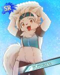  accessory anthro canid canine canis card_template character_name clothing dogsled_club domestic_dog exposed_belly headband hit_ton_ton holding_plate kemono male mammal nordic_sled_dog retaru_(dogsled_club) rice_ball samoyed solo spitz tracksuit 
