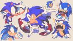 ! ? absurdres blue_fur clenched_hand clenched_teeth collage commentary derivative_work english_commentary fang gloves green_eyes highres looking_up red_footwear smile sonic_(series) sonic_adventure sonic_the_hedgehog supsross teeth white_gloves 
