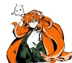 1girl b_gaemi bow closed_mouth green_eyes green_jacket hair_bow ishmael_(project_moon) jacket limbus_company long_hair looking_at_viewer orange_hair project_moon simple_background solo sweater tentacle_hair very_long_hair white_background white_bow white_sweater 