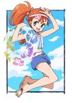  1girl :d black_border border bow commentary_request eyelashes green_eyes hair_bow hair_ornament happy high_ponytail high_side_ponytail highres long_hair looking_at_viewer natsuumi_manatsu open_mouth orange_hair ponytail precure sandals shorts side_ponytail smile solo tropical-rouge!_precure uraki v 
