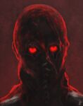  1boy brightburn brightburn_(character) commentary david_tector english_commentary eye_socket glowing glowing_eyes heart heart-shaped_eyes highres lace looking_at_viewer mask red_background red_eyes red_mask simple_background solo supervillian 