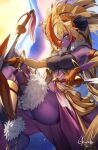  1girl bare_shoulders barefoot blonde_hair breasts character_request closed_mouth colored_skin duel_monster floating fur_trim genyaky gloves highres holding holding_sword holding_weapon kneehighs large_breasts long_hair orange_gloves purple_skin smile socks solo sword thighs weapon yu-gi-oh! 