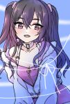  1girl akira-iwata character_request choker highres idolmaster long_hair looking_to_the_side mole mole_under_eye open_clothes open_mouth purple_eyes purple_hair solo string thread twintails 