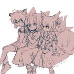  3girls animal_ears arknights closed_mouth dress fox_ears fox_girl fox_tail highres invisible_chair monochrome morte_(arknights) multiple_girls niwatori_(akira_207) open_mouth shamare_(arknights) short_hair simple_background sitting sketch stuffed_wolf sussurro_(arknights) suzuran_(arknights) tail white_background 