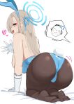  1girl :d absurdres anger_vein animal_ears aqua_leotard arm_support arona&#039;s_sensei_doodle_(blue_archive) ass ass_focus ass_shake asuna_(blue_archive) asuna_(bunny)_(blue_archive) backless_leotard bare_shoulders black_pantyhose blue_archive blue_eyes blue_halo blush breasts commentary fake_animal_ears fake_tail from_behind gloves hair_over_one_eye hair_ribbon halo heart highres kneeling leaning_forward leotard light_brown_hair long_hair looking_at_viewer looking_back motion_lines nanohana_(november.) no_shoes open_hand pantyhose playboy_bunny rabbit_ears rabbit_tail ribbon sensei_(blue_archive) sideboob sidelocks simple_background smile solo strapless strapless_leotard tail teeth upper_teeth_only waving white_background white_gloves 