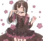  1girl :o bare_shoulders black_dress black_nails black_thighhighs breasts brown_hair choker cleavage collarbone cowboy_shot crossed_bangs dress earrings garter_straps gradient_hair hair_between_eyes hamuchosu hands_up highres idolmaster idolmaster_cinderella_girls jewelry long_hair looking_at_viewer mole mole_under_eye multicolored_hair off_shoulder one_eye_closed sidelocks small_breasts solo sunazuka_akira thighhighs twintails white_background 