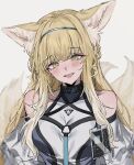  1girl :d aged_up animal_ear_fluff animal_ears aogisa arknights bare_shoulders blush braid breasts collarbone detached_sleeves fox_ears fox_girl fox_tail green_eyes head_tilt highres id_card infection_monitor_(arknights) looking_at_viewer medium_breasts multiple_tails open_mouth simple_background smile solo suzuran_(arknights) tail upper_body white_background 