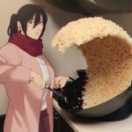  1girl black_eyes black_hair breasts chromatic_aberration coat food fried_rice fried_rice_prank_(meme) hair_between_eyes hanpetos large_breasts looking_at_viewer meme mikasa_ackerman photo_background pink_coat ponytail red_scarf scarf shingeki_no_kyojin solo stove 