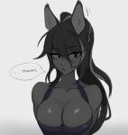  2022 anthro biped black_body black_fur black_hair blue_clothing blue_eyes blue_shirt blue_tank_top blue_topwear blush breasts cleavage clothed clothing dialogue digital_media_(artwork) ellipsis english_text equid equine eyebrows eyeliner fur gynomorph hair hi_res horse intersex long_ponytail looking_at_viewer makeup mammal mikosi ponytail shirt simple_background solo speech_bubble tank_top text topwear trans_(lore) trans_woman_(lore) 