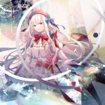  1girl arcaea beret black_eyes bow commentary_request dress english_text expressionless feet_out_of_frame flower hair_ornament hair_ribbon hat highres hikari_(arcaea) juliet_sleeves long_bangs long_hair long_sleeves looking_at_viewer neck_ribbon parted_lips puffy_sleeves red_flower red_headwear red_ribbon ribbon shadow shirt solo standing very_long_hair white_dress white_hair white_shirt yukkering_(yukke) 