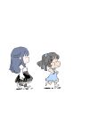  2girls black_cat black_hair blue_dress blue_hair cat chibi dark_blue_hair dress fukuyama_mai highres idolmaster idolmaster_cinderella_girls looking_ahead multiple_girls negative_space nishino_hikoji parody peanuts sajo_yukimi simple_background style_parody white_background 