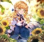  1girl achan_(blue_semi) audrey_hall blonde_hair blue_dress breasts dress earrings flower green_eyes hair_ornament hair_tie jewelry large_breasts long_hair looking_at_viewer lord_of_the_mysteries sunflower sunlight white_dress 