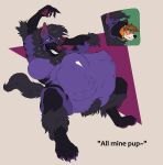  ambiguous_gender ambiguous_prey ankle_tuft anthro anthro_pred anthro_prey belly_tuft big_breasts body_hair breasts canid canine canis digital_media_(artwork) domestic_dog duo featureless_breasts female female_pred happy_trail head_in_mouth hi_res huge_belly leg_tuft looking_at_belly looking_down mammal mane navel oral_vore possessive same_size_vore sharp_teeth sitting swallowing talking_to_prey teeth toothy_grin tuft uslurp vore 