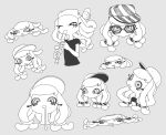  1girl absurdres baseball_cap black_shirt drooling glasses greyscale hat highres instrument kyoufuu_all_back_(vocaloid) long_eyelashes looking_at_viewer looking_back monochrome mouth_drool music o_den one_eye_closed playing_instrument recorder ringed_eyes shirt solo splatoon_(series) splatoon_3 stretching striped striped_headwear turning_head wall-eyed wind 
