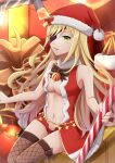  1girl blonde_hair breasts candy candy_cane cleavage commentary_request dress eyepatch fishnet_thighhighs fishnets food green_eyes hat highres holding holding_candy holding_candy_cane holding_food long_hair navel othinus red_dress santa_costume santa_hat sitting solo thighhighs toaru_majutsu_no_index toaru_majutsu_no_index:_new_testament zack_betsuaka 