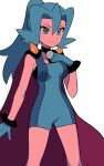  1girl black_cape black_choker blue_bodysuit blue_eyes blue_gloves blue_hair bodysuit breasts cape choker clair_(pokemon) closed_mouth commentary eyelashes gem gloves hair_between_eyes hand_up highres long_hair pearl_(gemstone) pokemon pokemon_(game) pokemon_hgss ponytail smile solo tyako_089 white_background 