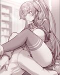  1boy 1girl armband blurry blurry_background blush breasts closed_mouth commentary commission crossed_ankles desk femdom greyscale head_between_thighs heavy_breathing hhh_(wave) high_heels high_ponytail indoors jacket kantai_collection large_breasts long_hair long_sleeves monochrome on_desk scissorhold shirt sidelocks single_thighhigh sitting sitting_on_desk skeb_commission sketch skirt thighhighs thighs very_long_hair yahagi_(kancolle) 