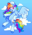  absurd_res blue_body blue_feathers blue_fur blue_hooves chest_tuft cloud cloven_hooves cocopudu cutie_mark digital_media_(artwork) equid equine eyebrow_through_hair eyebrows feathered_wings feathers female feral freckles friendship_is_magic fur hair hasbro hi_res hooves mammal multicolored_hair multicolored_tail my_little_pony open_mouth open_smile pegasus pink_eyes rainbow_dash_(mlp) rainbow_hair rainbow_tail smile tail translucent translucent_hair tuft wings 