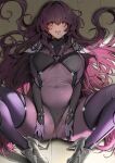  1girl blush bodysuit breasts covered_navel damda fate/grand_order fate_(series) hair_intakes hair_spread_out high_heels highres long_hair looking_at_viewer lying on_back on_floor open_mouth purple_bodysuit purple_hair red_eyes scathach_(fate) skindentation smile solo spread_legs thighs very_long_hair 
