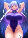  1girl armpits arms_up ass_visible_through_thighs bare_shoulders blue_one-piece_swimsuit breasts competition_swimsuit covered_navel cowboy_shot fate/grand_order fate_(series) hair_ornament highleg highleg_swimsuit highres kama_(fate) kama_(swimsuit_avenger)_(fate) large_breasts long_hair looking_at_viewer one-piece_swimsuit parted_lips red_eyes smile solo swimsuit thigh_gap thighs yuunagi_(0217) 