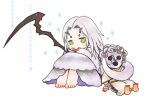  1girl 1other barefoot chibi chosen_undead commentary_request covering_mouth dark_souls_(series) dark_souls_i dragon_girl full_body green_eyes kanon_(rsl) long_hair lowres mask masked parted_bangs priscilla_the_crossbreed robe scythe sitting white_background white_hair white_robe 