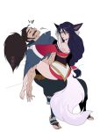  1boy 1girl ahri_(league_of_legends) animal_ears annoyed artist_name bare_shoulders beard black_hair black_pants brown_hair facial_hair fox_ears fox_girl fox_tail from_behind heart highres invisible_chair kitsune korean_clothes kyuubi league_of_legends long_hair long_sleeves looking_at_viewer multiple_tails odeko_yma on_lap open_mouth pants ponytail saliva simple_background sitting sleeping tail watermark white_background yasuo_(league_of_legends) 