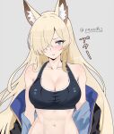  1girl abs animal_ears black_sports_bra blonde_hair blue_archive blue_eyes breasts dog_ears grey_background hair_over_one_eye kanna_(blue_archive) large_breasts long_hair navel partially_undressed paundo2 pout sports_bra twitter_username 