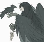  1girl absurdres animal_hands animal_on_hand bird bird_skull claws commentary crow english_commentary feathered_wings feathers greyscale harpy highres long_hair messy_hair monochrome monster_girl original simple_background solo tateoftot winged_arms wings 